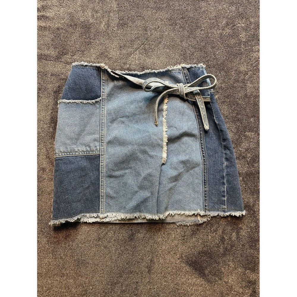 BDG Urban Outfitters Patchwork Denim Mini Skirt Blue Wrap Raw Hem XS - 253